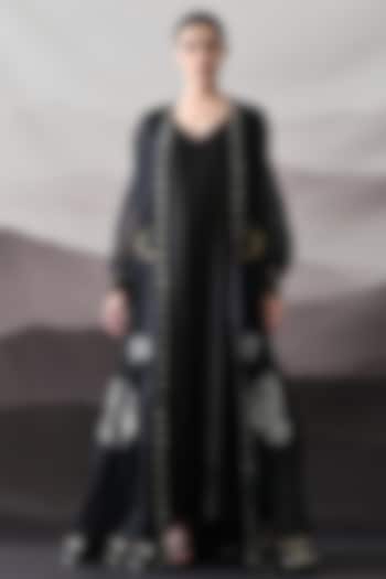 Black Organza & Cotton Silk Thread Embroidered Kaftan Jacket Party Wear Dress by Samant Chauhan at Pernia's Pop Up Shop