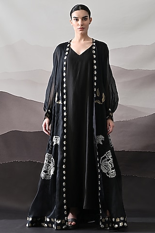 Black Organza & Cotton Silk Thread Embroidered Kaftan Jacket Dress by Samant Chauhan