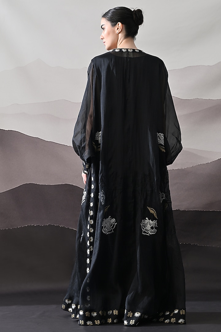 Black Organza & Cotton Silk Thread Embroidered Kaftan Jacket Party Wear Dress by Samant Chauhan at Pernia's Pop Up Shop