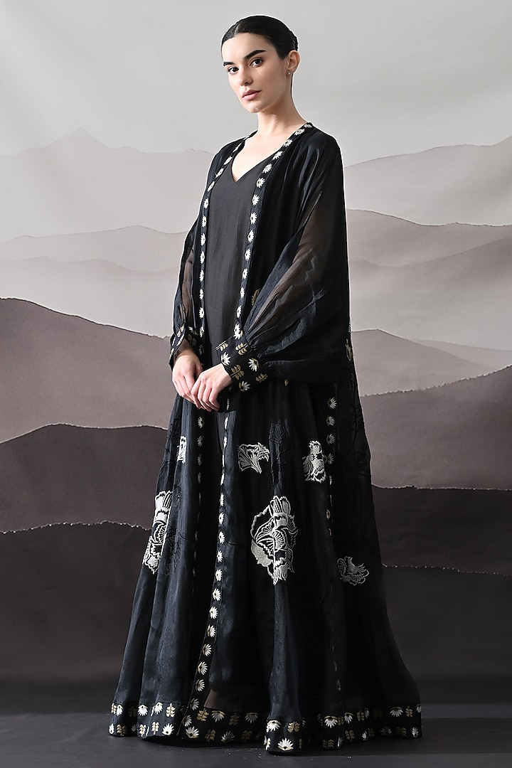 Black Organza & Cotton Silk Thread Embroidered Kaftan Jacket Party Wear Dress by Samant Chauhan at Pernia's Pop Up Shop