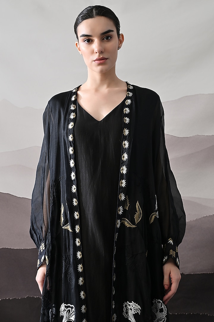 Black Organza & Cotton Silk Thread Embroidered Kaftan Jacket Party Wear Dress by Samant Chauhan at Pernia's Pop Up Shop