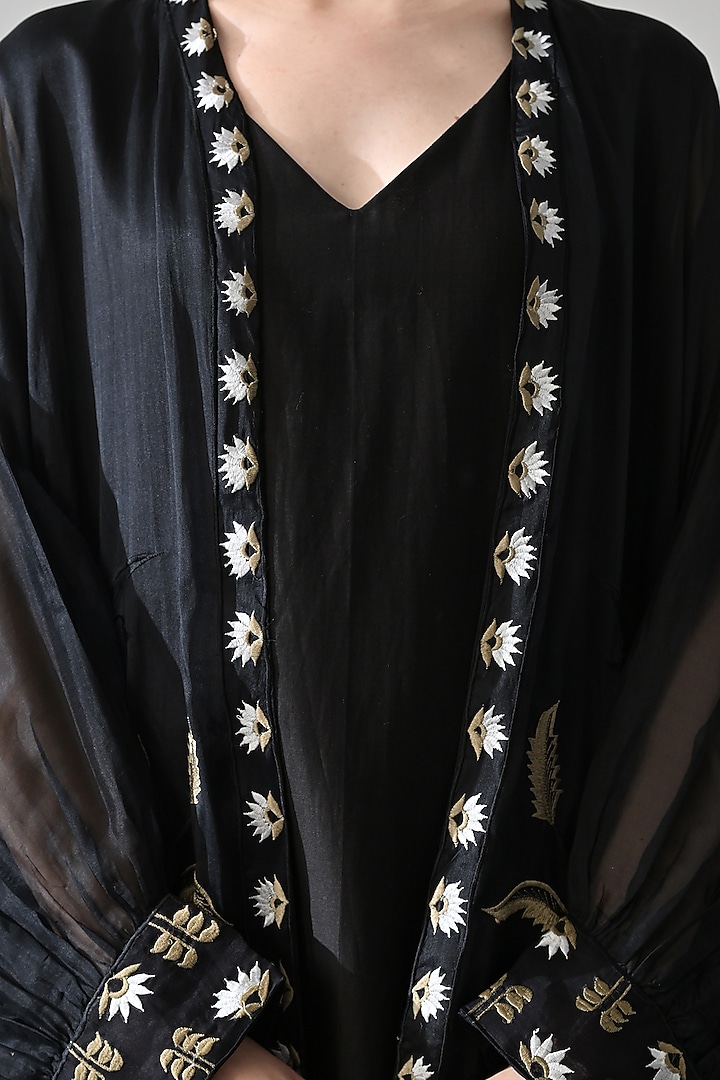 Black Organza & Cotton Silk Thread Embroidered Kaftan Jacket Party Wear Dress by Samant Chauhan at Pernia's Pop Up Shop