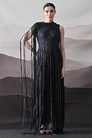 Black Cotton Silk Gown by Samant Chauhan
