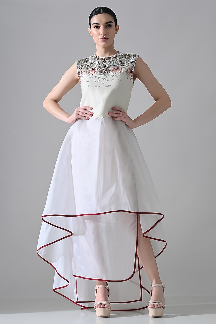 Ivory Organza Hand Embellished High-Low Layered Party Wear Dress by Samant Chauhan at Pernia's Pop Up Shop