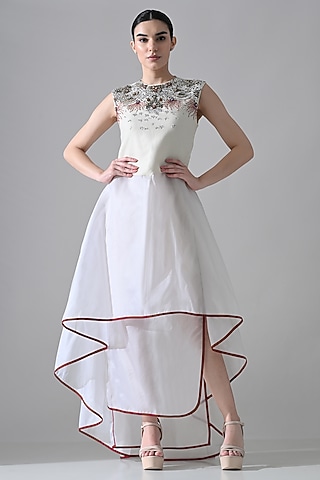 Ivory Organza Hand Embellished High-Low Layered Dress by Samant Chauhan