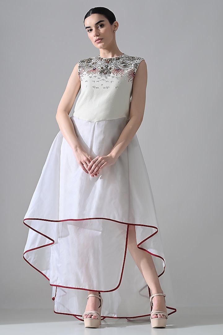 Ivory Organza Hand Embellished High-Low Layered Party Wear Dress by Samant Chauhan at Pernia's Pop Up Shop