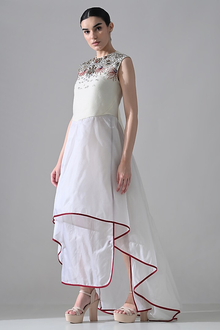Ivory Organza Hand Embellished High-Low Layered Party Wear Dress by Samant Chauhan at Pernia's Pop Up Shop