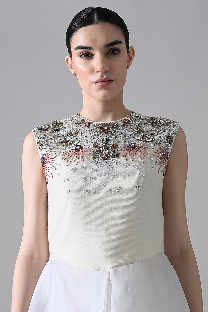 Ivory Organza Hand Embellished High-Low Layered Party Wear Dress by Samant Chauhan at Pernia's Pop Up Shop