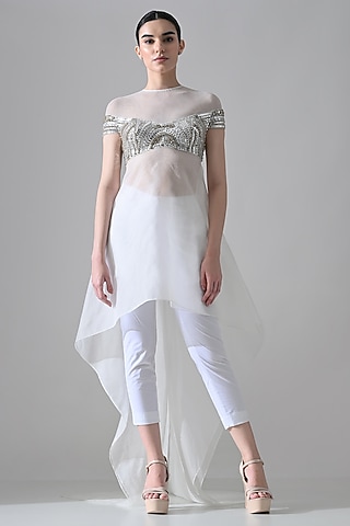 Ivory Cotton Crystal Hand Embellished Co-Ord Set by Samant Chauhan