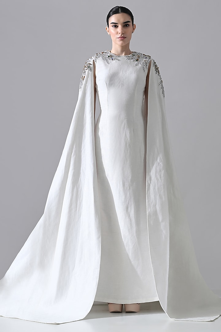 Ivory Cotton Silk Hand Embellished Engagement Gown by Samant Chauhan at Pernia's Pop Up Shop
