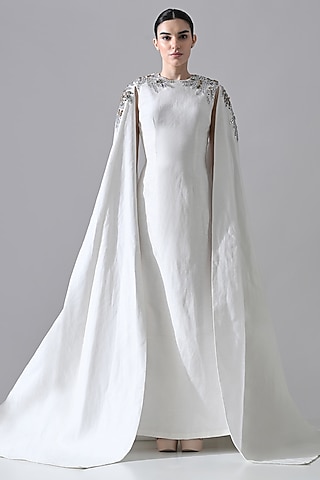 Ivory Cotton Silk Hand Embellished Gown by Samant Chauhan