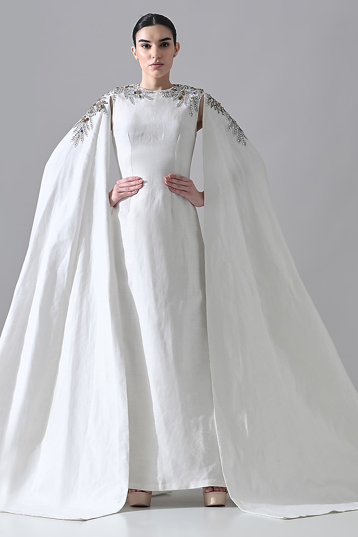 Ivory Cotton Silk Hand Embellished Engagement Gown by Samant Chauhan at Pernia's Pop Up Shop
