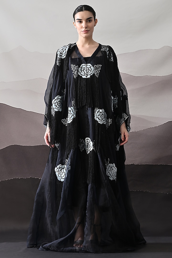 Black Organza & Cotton Silk Thread Embroidered Kaftan Jacket Party Wear Dress by Samant Chauhan at Pernia's Pop Up Shop