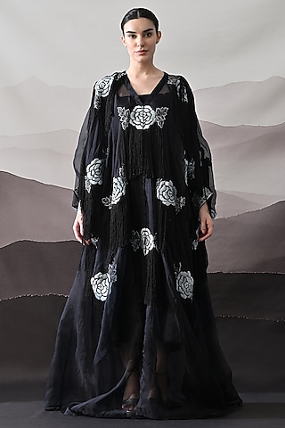 Black Organza & Cotton Silk Thread Embroidered Kaftan Jacket Dress by Samant Chauhan