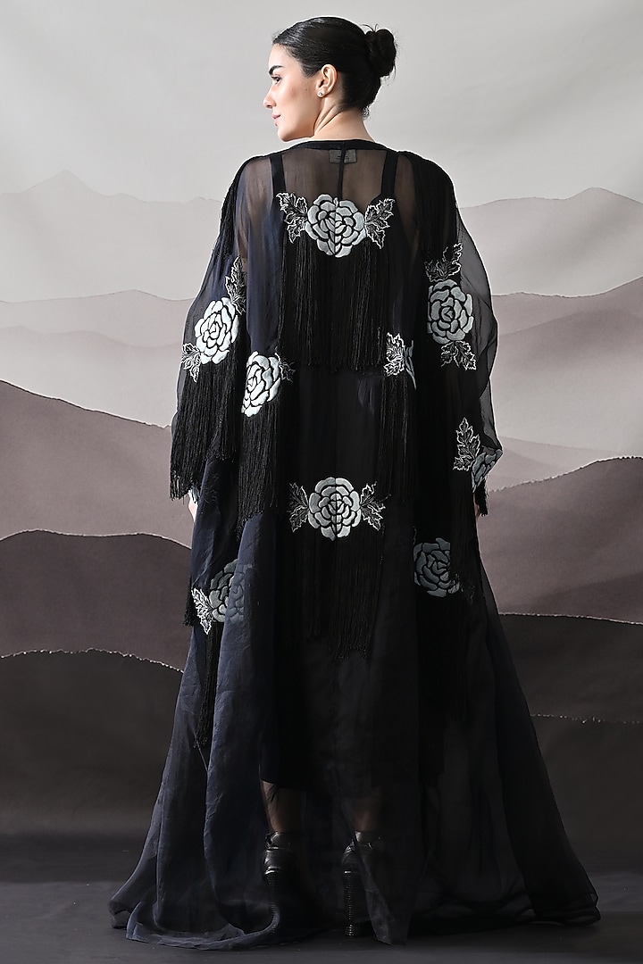 Black Organza & Cotton Silk Thread Embroidered Kaftan Jacket Party Wear Dress by Samant Chauhan at Pernia's Pop Up Shop