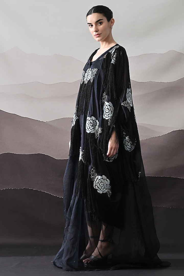 Black Organza & Cotton Silk Thread Embroidered Kaftan Jacket Party Wear Dress by Samant Chauhan at Pernia's Pop Up Shop