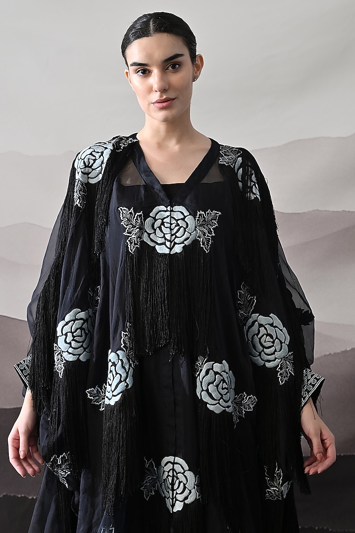 Black Organza & Cotton Silk Thread Embroidered Kaftan Jacket Party Wear Dress by Samant Chauhan at Pernia's Pop Up Shop