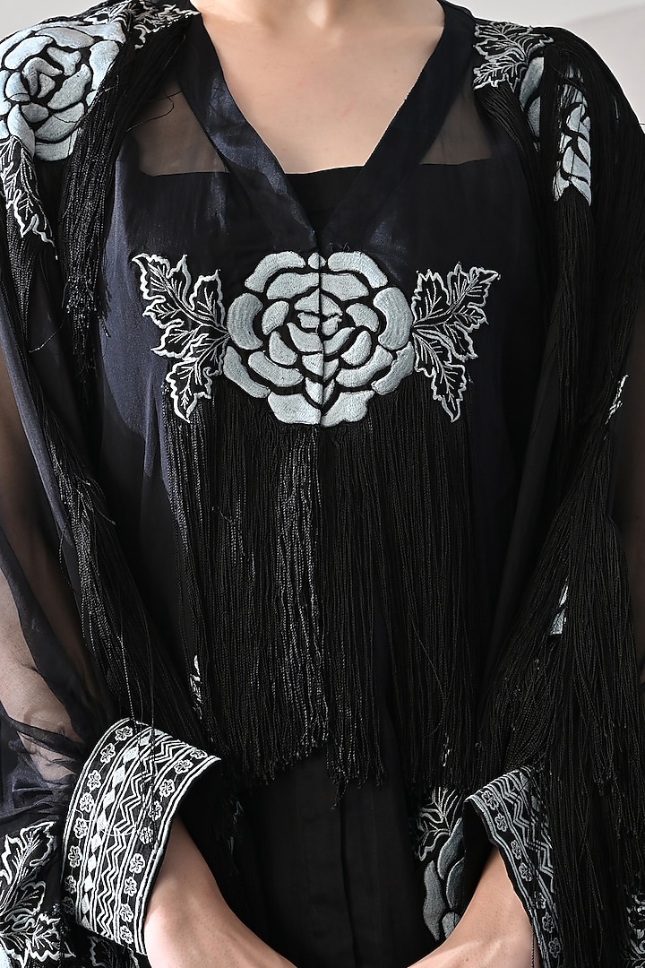 Black Organza & Cotton Silk Thread Embroidered Kaftan Jacket Party Wear Dress by Samant Chauhan at Pernia's Pop Up Shop