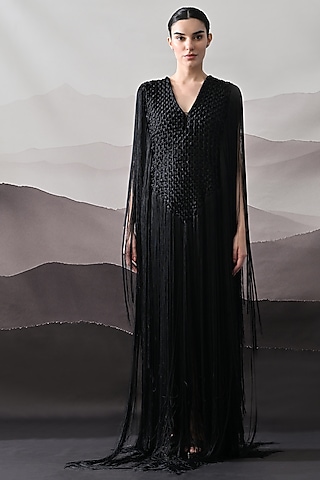 Black Cotton Silk Hand Embroidered Gown by Samant Chauhan
