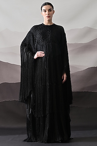 Black Cotton Silk Textured Hand Embroidered Gown by Samant Chauhan