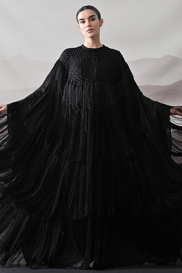 Black Cotton Silk Textured Hand Embroidered Engagement Gown by Samant Chauhan at Pernia's Pop Up Shop