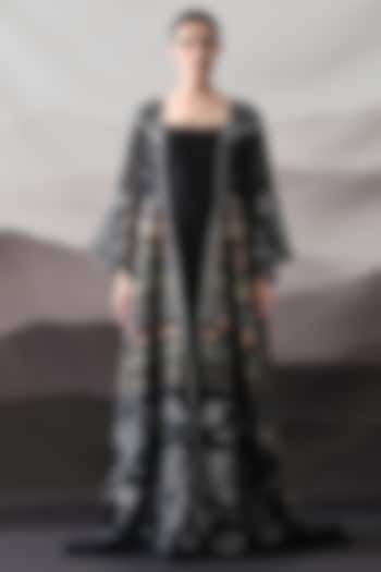 Black Organza & Cotton Silk Thread Embroidered Kaftan Jacket Party Wear Dress by Samant Chauhan at Pernia's Pop Up Shop