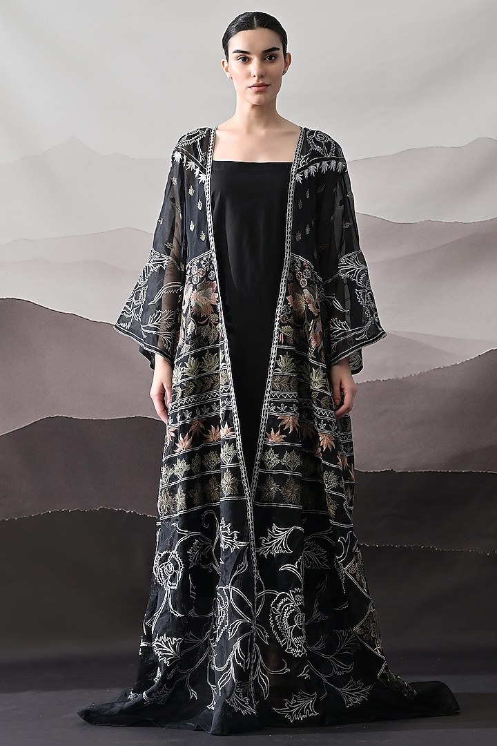 Black Organza & Cotton Silk Thread Embroidered Kaftan Jacket Party Wear Dress by Samant Chauhan at Pernia's Pop Up Shop