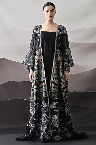 Black Organza & Cotton Silk Thread Embroidered Kaftan Jacket Dress by Samant Chauhan