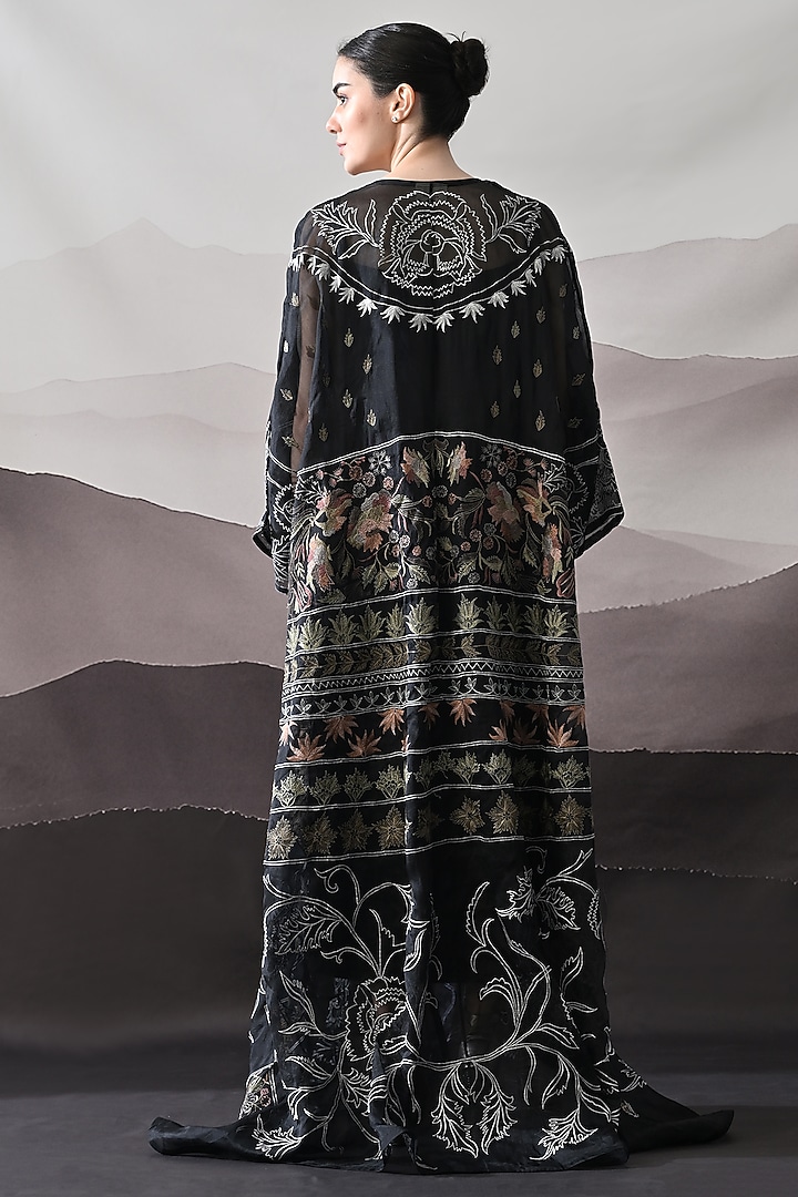 Black Organza & Cotton Silk Thread Embroidered Kaftan Jacket Party Wear Dress by Samant Chauhan at Pernia's Pop Up Shop