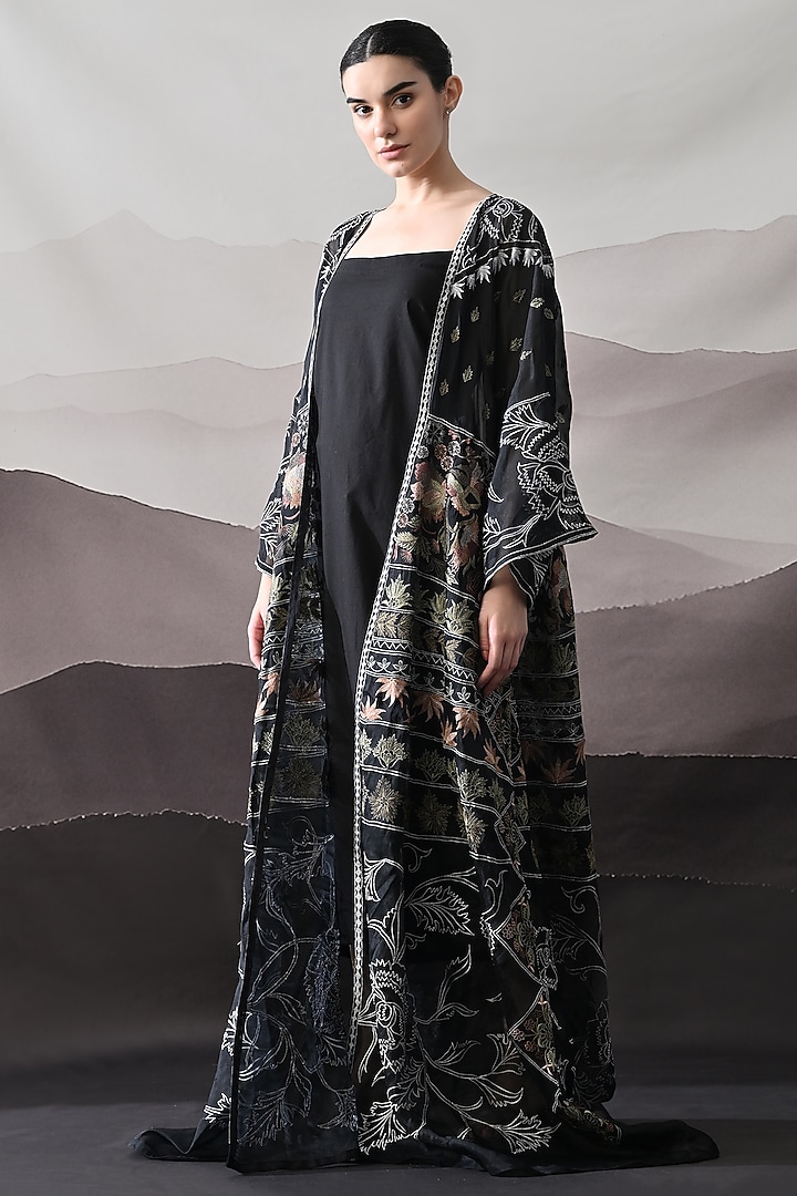 Black Organza & Cotton Silk Thread Embroidered Kaftan Jacket Party Wear Dress by Samant Chauhan at Pernia's Pop Up Shop