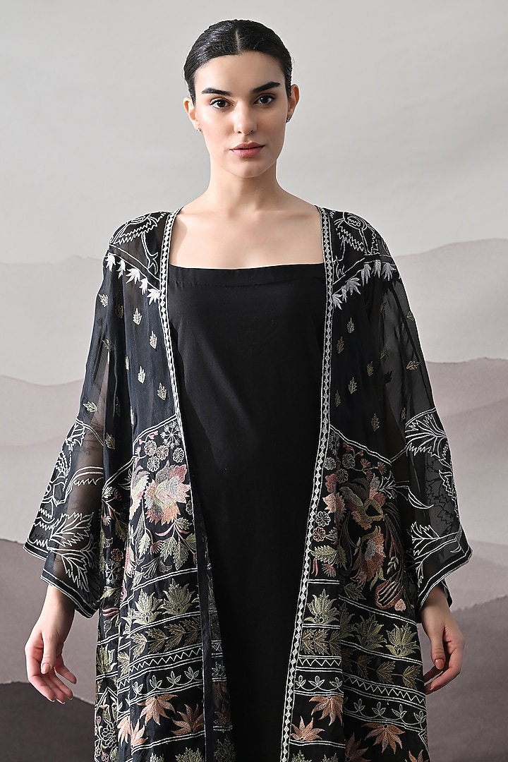 Black Organza & Cotton Silk Thread Embroidered Kaftan Jacket Party Wear Dress by Samant Chauhan at Pernia's Pop Up Shop