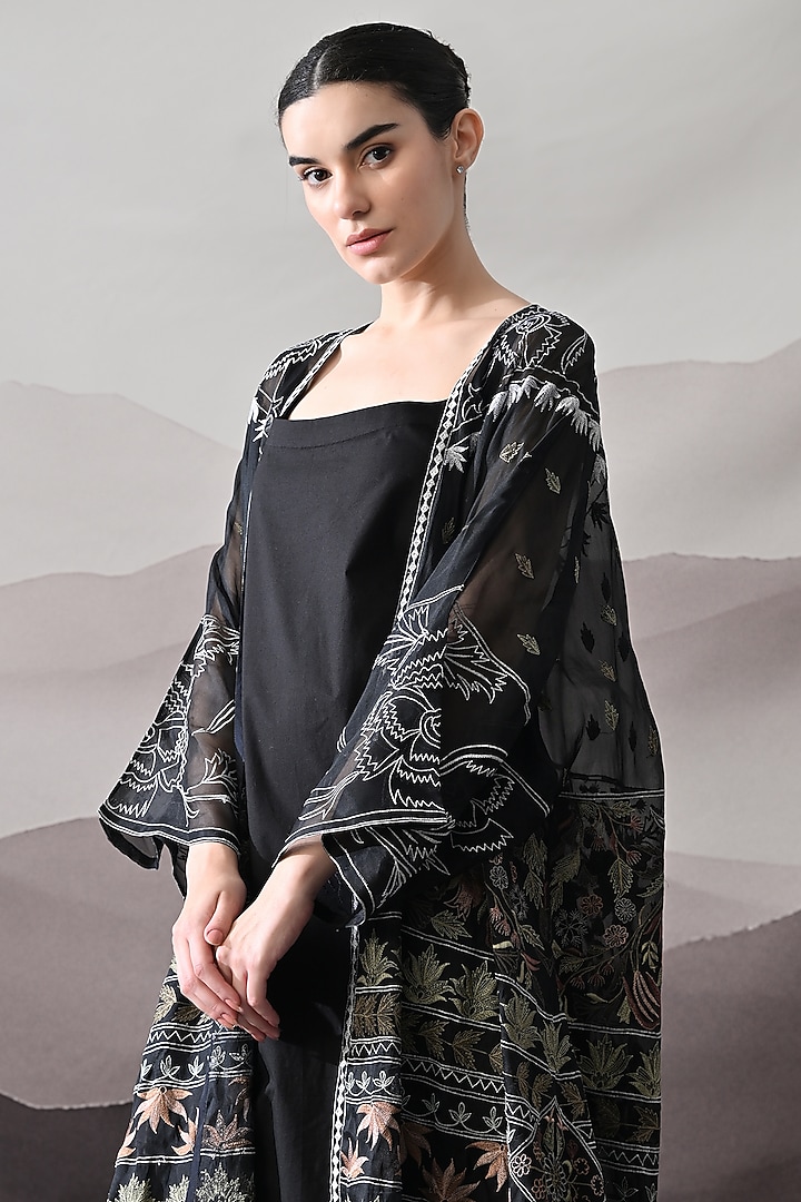 Black Organza & Cotton Silk Thread Embroidered Kaftan Jacket Party Wear Dress by Samant Chauhan at Pernia's Pop Up Shop