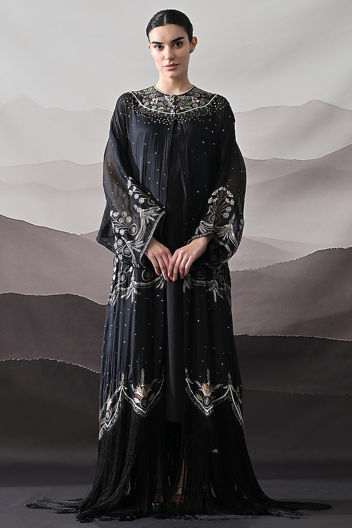 Black Organza Thread Embroidered Kaftan Jacket Party Wear Dress by Samant Chauhan at Pernia's Pop Up Shop