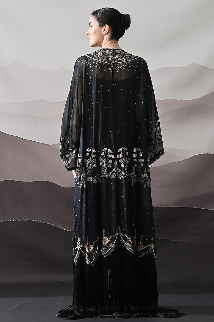 Black Organza Thread Embroidered Kaftan Jacket Party Wear Dress by Samant Chauhan at Pernia's Pop Up Shop