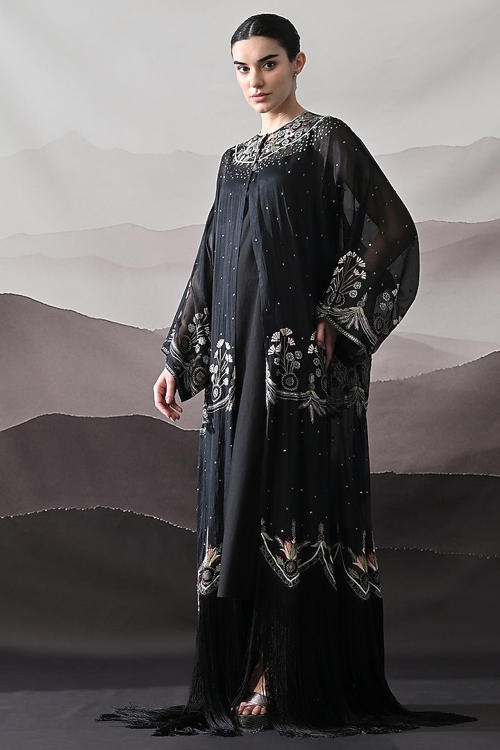 Black Organza Thread Embroidered Kaftan Jacket Party Wear Dress by Samant Chauhan at Pernia's Pop Up Shop