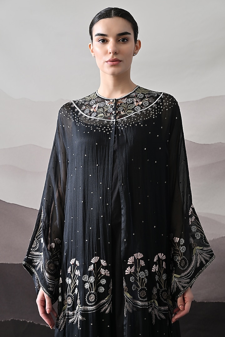 Black Organza Thread Embroidered Kaftan Jacket Party Wear Dress by Samant Chauhan at Pernia's Pop Up Shop