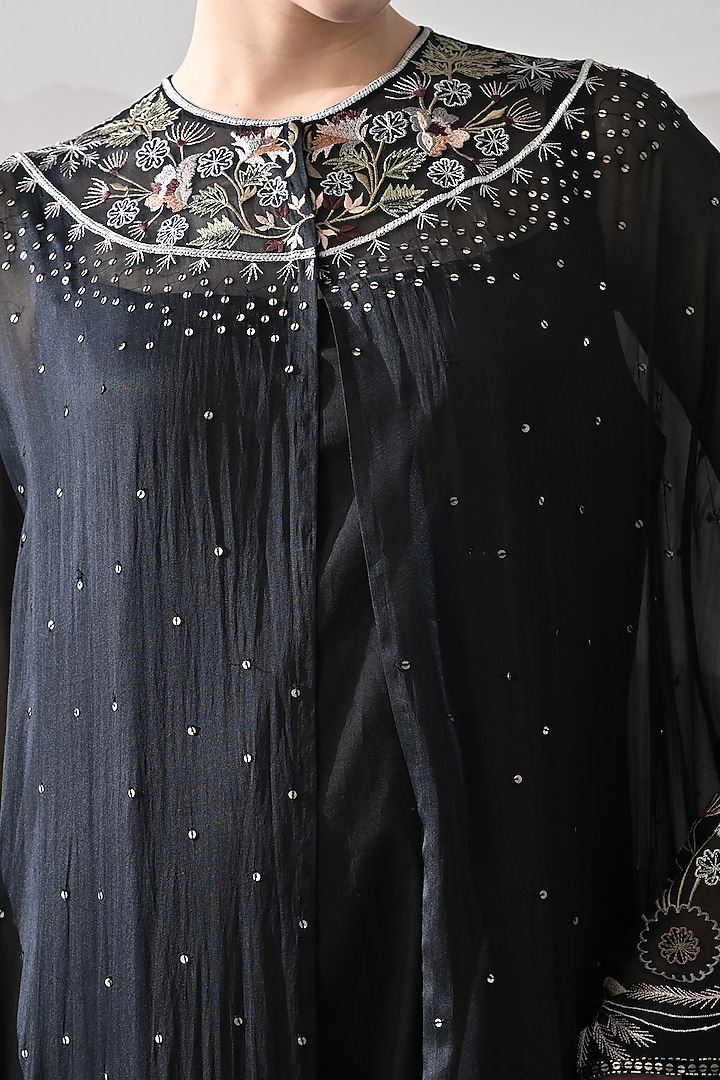 Black Organza Thread Embroidered Kaftan Jacket Party Wear Dress by Samant Chauhan at Pernia's Pop Up Shop