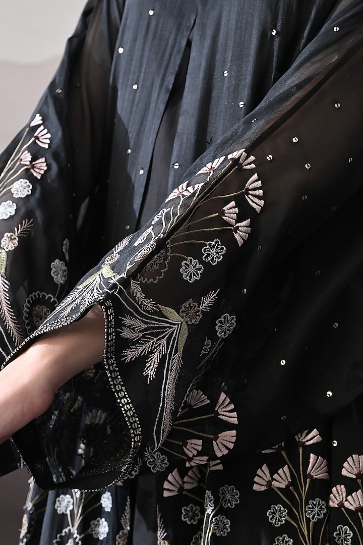 Black Organza Thread Embroidered Kaftan Jacket Party Wear Dress by Samant Chauhan at Pernia's Pop Up Shop