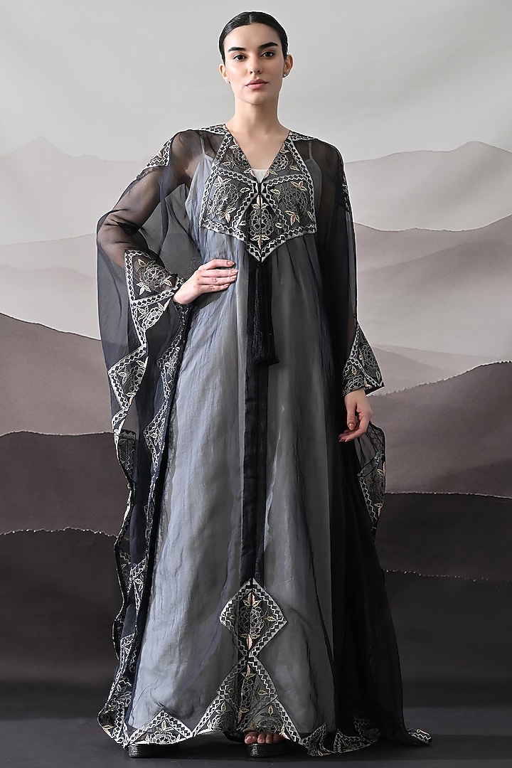 Black Organza Hand Embroidered Kaftan Jacket Cocktail Dress by Samant Chauhan at Pernia's Pop Up Shop