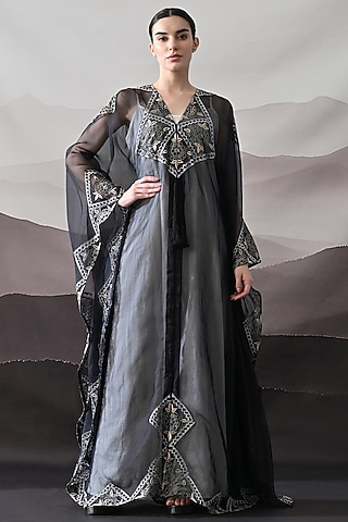 Black Organza Hand Embroidered Kaftan Jacket Dress by Samant Chauhan