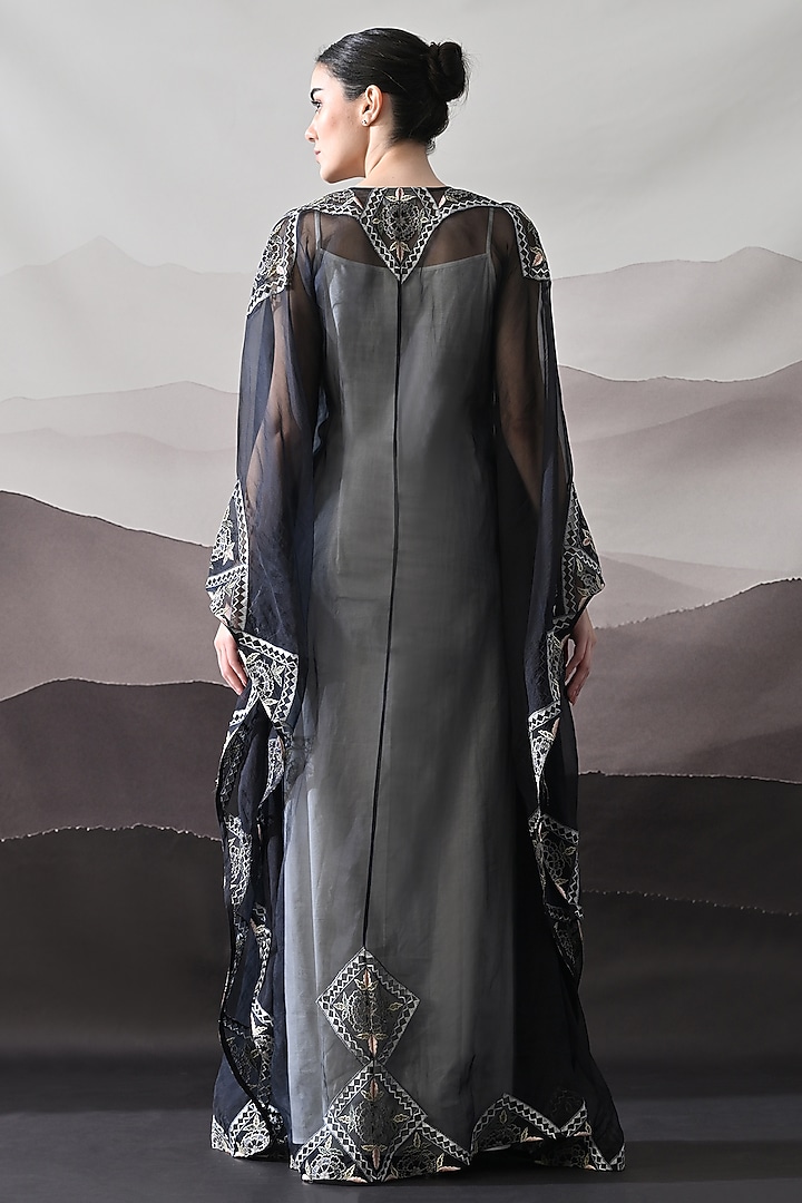 Black Organza Hand Embroidered Kaftan Jacket Cocktail Dress by Samant Chauhan at Pernia's Pop Up Shop