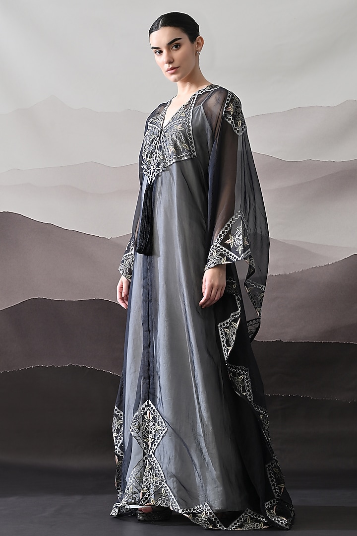 Black Organza Hand Embroidered Kaftan Jacket Cocktail Dress by Samant Chauhan at Pernia's Pop Up Shop