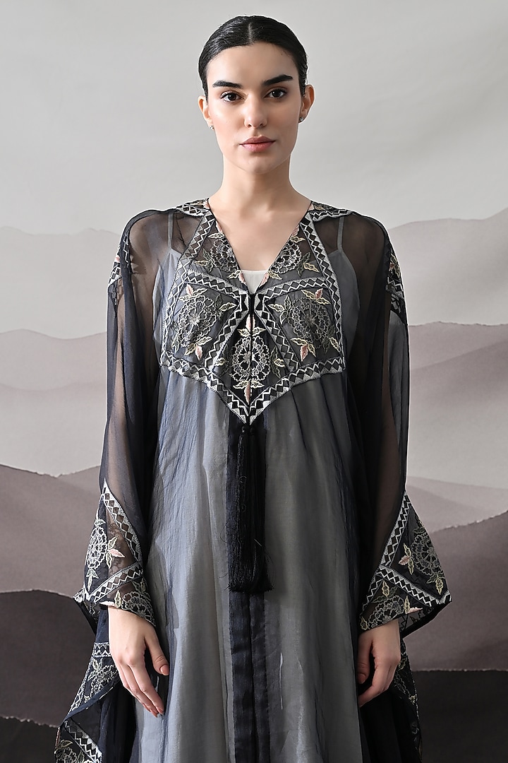 Black Organza Hand Embroidered Kaftan Jacket Cocktail Dress by Samant Chauhan at Pernia's Pop Up Shop