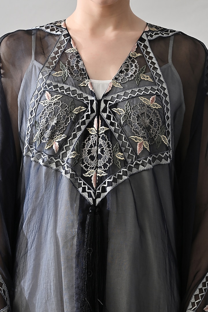 Black Organza Hand Embroidered Kaftan Jacket Cocktail Dress by Samant Chauhan at Pernia's Pop Up Shop