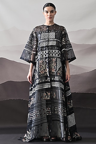 Black Linen Thread Embroidered Kaftan Jacket Dress by Samant Chauhan