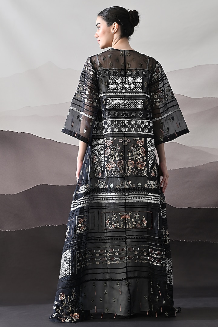 Black Linen Thread Embroidered Kaftan Jacket Party Wear Dress by Samant Chauhan at Pernia's Pop Up Shop