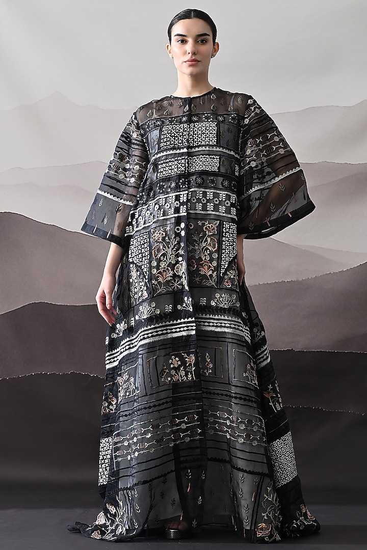 Black Linen Thread Embroidered Kaftan Jacket Party Wear Dress by Samant Chauhan at Pernia's Pop Up Shop
