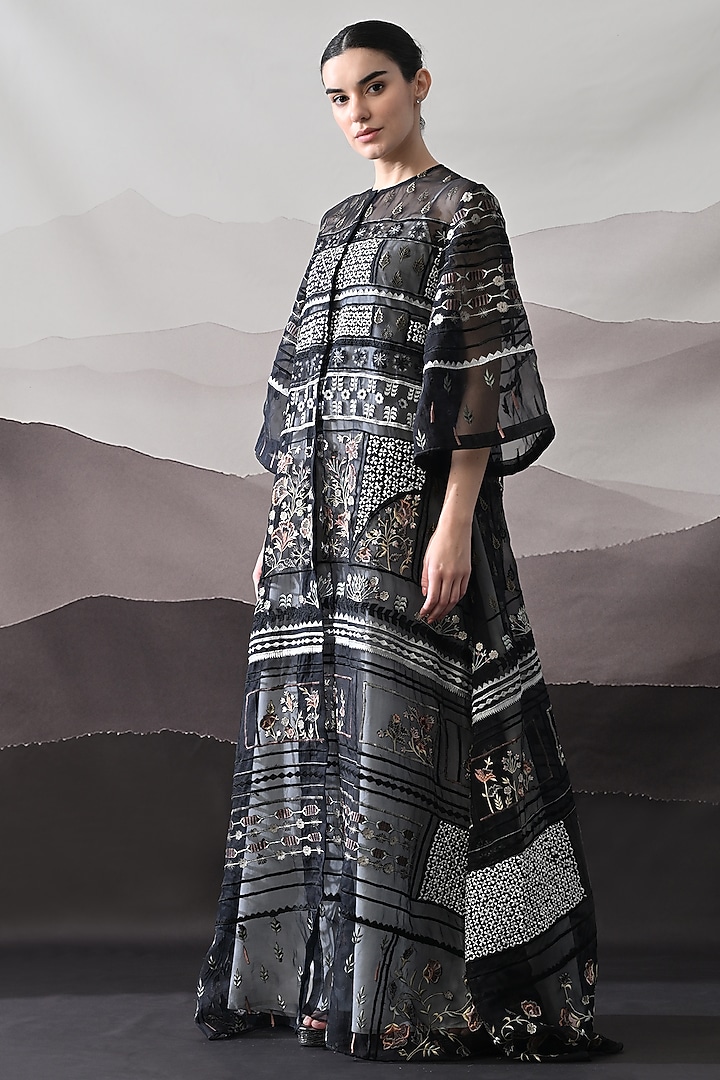 Black Linen Thread Embroidered Kaftan Jacket Party Wear Dress by Samant Chauhan at Pernia's Pop Up Shop