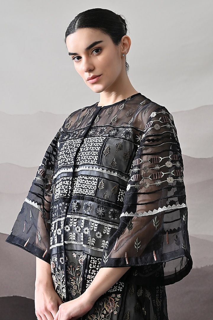 Black Linen Thread Embroidered Kaftan Jacket Party Wear Dress by Samant Chauhan at Pernia's Pop Up Shop