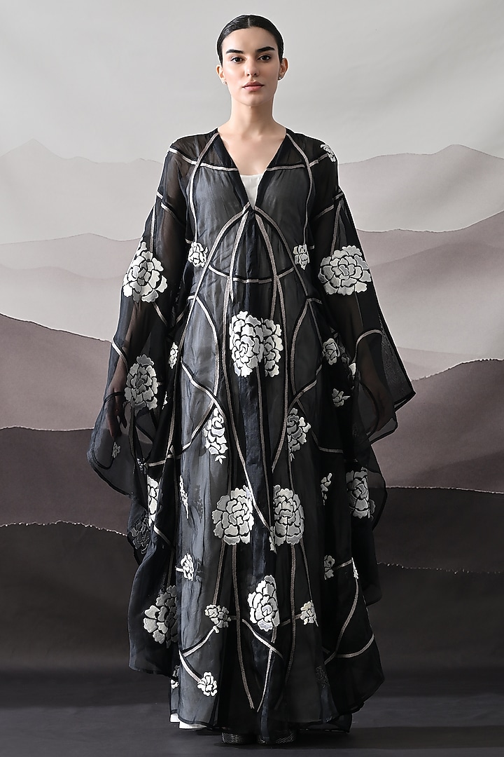 Black Organza Thread Embroidered Kaftan Jacket Party Wear Dress by Samant Chauhan at Pernia's Pop Up Shop